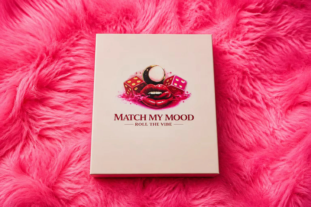 Closed Match My Mood premium magnetic box on a hot pink fur background